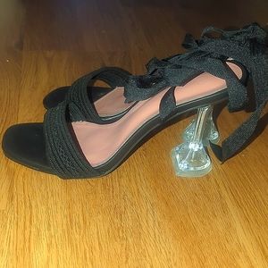 Black Tie Up Sandals, Size 8 w/ Clear Heels